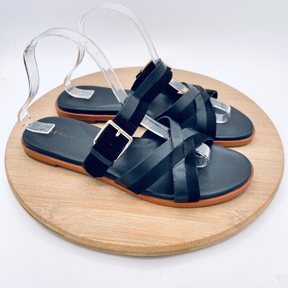 Cole Haan Sandals Womens 8.5 Black Leather Strappy Flats Quite Luxury - Picture 1 of 11